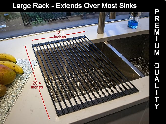 Generic Roll Up Drying Rack Black Multipurpose, 20.4x13.1 Inches, Silicone Coated Solid Stainless Rods, Dish Racks, Sink Cover for Counter Space, Small Kitchen, RV, and Apartment Must Haves - Image 3