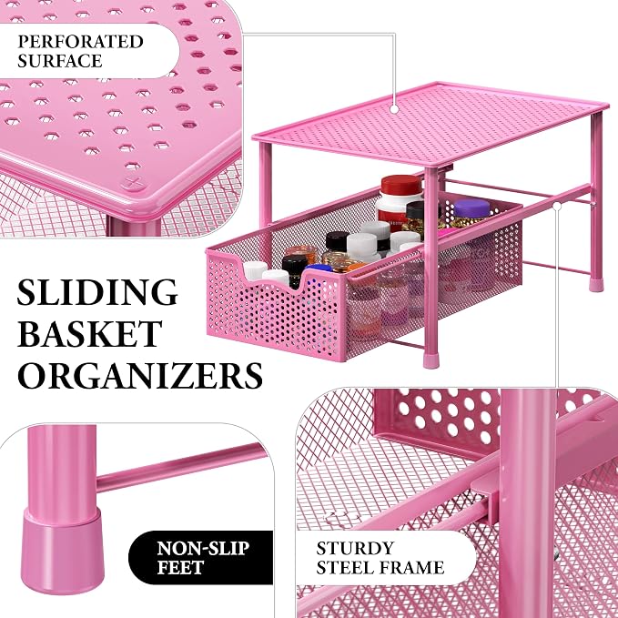 Simple Houseware Stackable Under Sink Sliding Basket Drawer, Pink | Perforated Free Standing Organizer, Kitchen/Pantry/Cabinet/Counter - Image 4