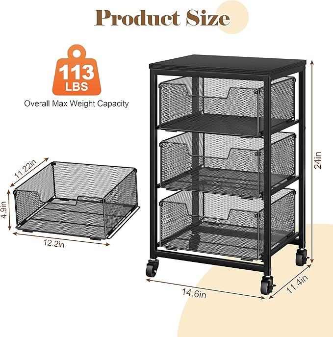 Under Desk Storage Cart with Lockable Wheels, 3-Drawer Rolling Storage Cart, Metal Utility Cart with Drawers for Art, Cart, Classroom, Office, Kitchen, Bedroom, Dorm Storage Under Bed - Image 2