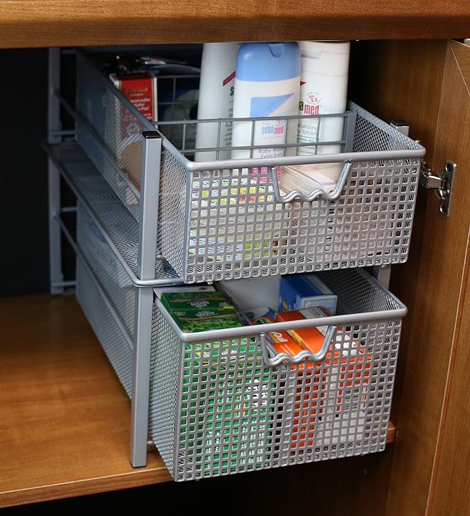 Deco Brothers Stackable Pull Out Cabinet Sliding Basket with Divider, Large | Under Sink Organizer, Silver - Image 8