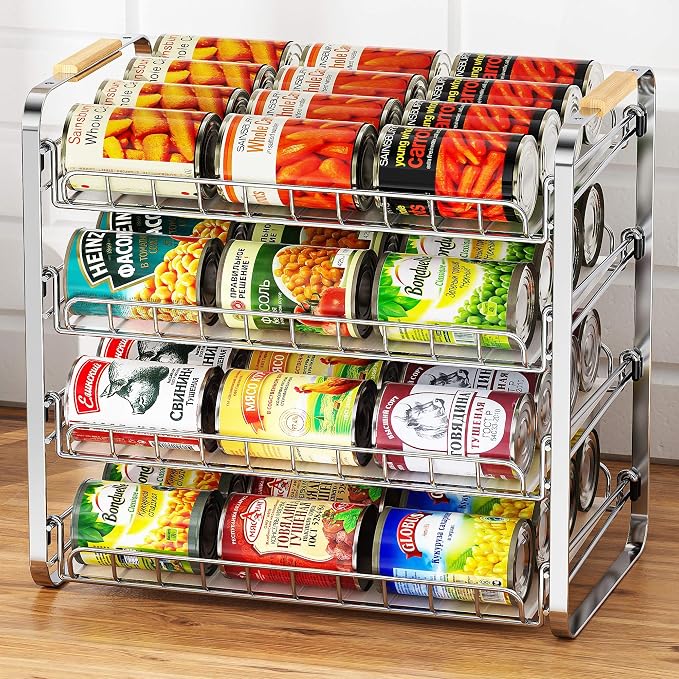 MAXIFFE 4 Tier Can Organizer for Pantry, 16.9" W×11.5" D×16.7" H, Space-Saving Adjustable Metal Hold 40 Standard 12-oz Cans Storage Rack Holder for Countertop Kitchen Soda Drinks Fruits, Chrome by MAXIFFE