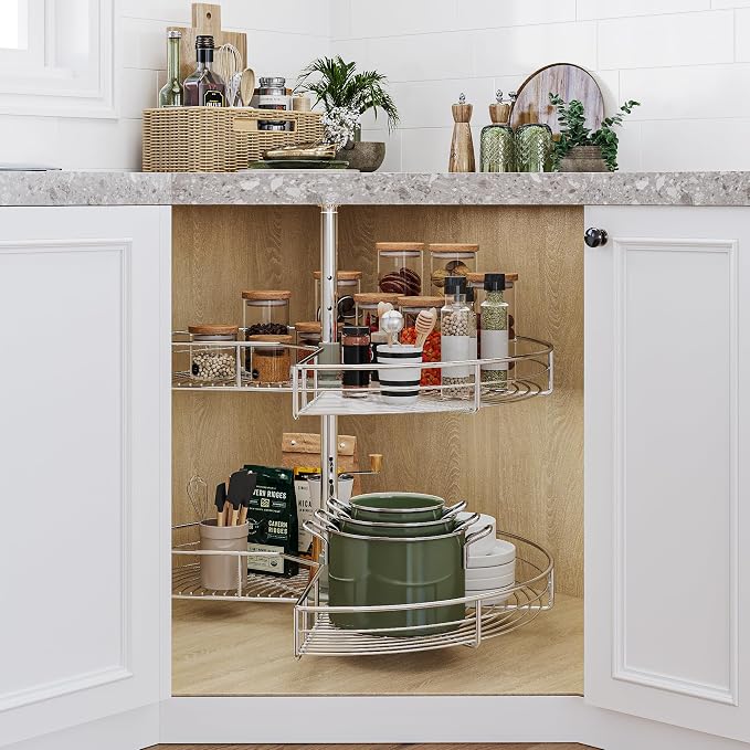 DWVO 28″ Kidney 2-Tier Lazy Susan – Telescoping Mount Corner Cabinet Organizer with Pie-Shelf Design, for Bathroom,Kitchen Cabinet Blind Corners (Chrome, 270° Adjustable) - Image 7