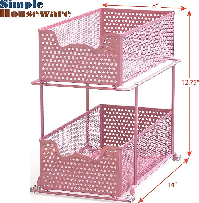 Simple Houseware 2 Tier Sliding Cabinet Basket Organizer Drawer, Pink - Image 3