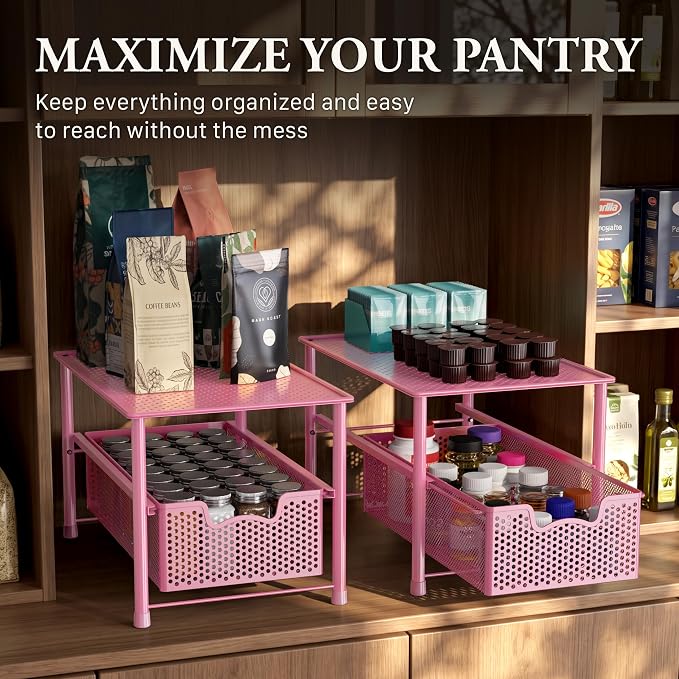 Simple Houseware Stackable Under Sink Sliding Basket Drawer, Pink | Perforated Free Standing Organizer, Kitchen/Pantry/Cabinet/Counter - Image 7