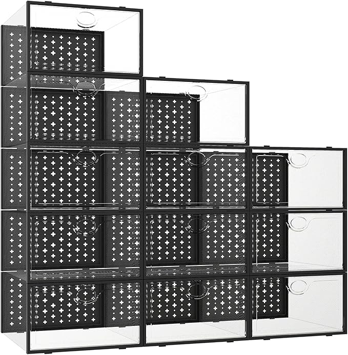 12 Pack X-Large Shoe Storage Boxes, Shoe Organizer Clear Stackable | Fit US Size 11, 6.2” Height, Shoe Dispaly Case Holder Bins Sneaker Storage for Sneakerheads, For Home and Family, Black by Pinkpum
