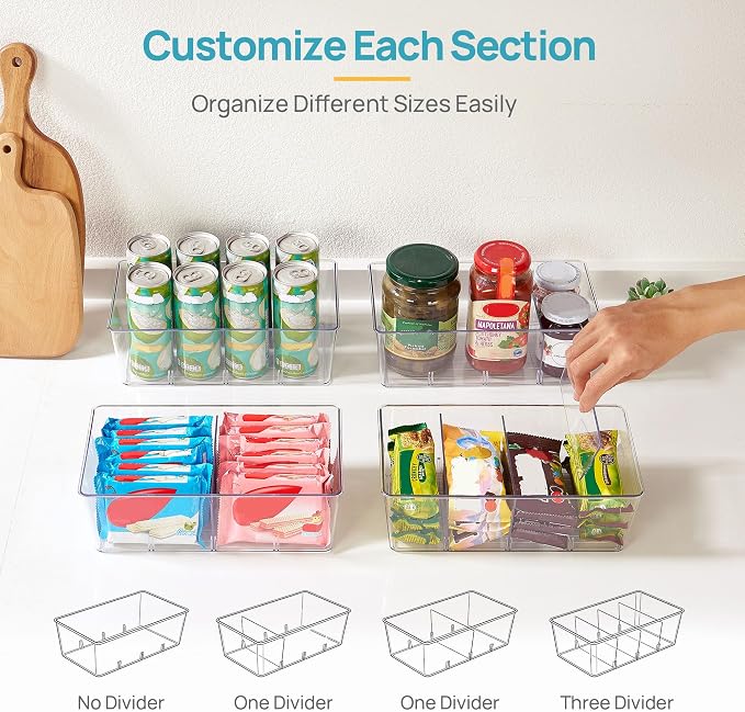 Vtopmart 4 Pack Pantry Organizer Bins with Lids, Removable Dividers | Clear Bins with Removable Dividers,Stackable Design for Pantry and Cabinet Organization of Tea Bags,Snacks & Spice Packets - Image 3