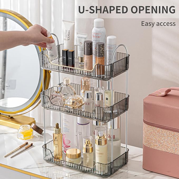 Akinbas 3 Tier Bathroom Organizer Countertop Makeup Perfume Tray Skincare Organizer for Bathroom Dresser Vanity (Grey) - Image 5