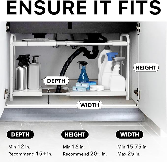 Simple Houseware Under Sink 2-Tier Heavy Duty Expandable Organizer, White | Adjustable Width 15.75–25 Inches with 4 Shelf Height Levels - Image 3