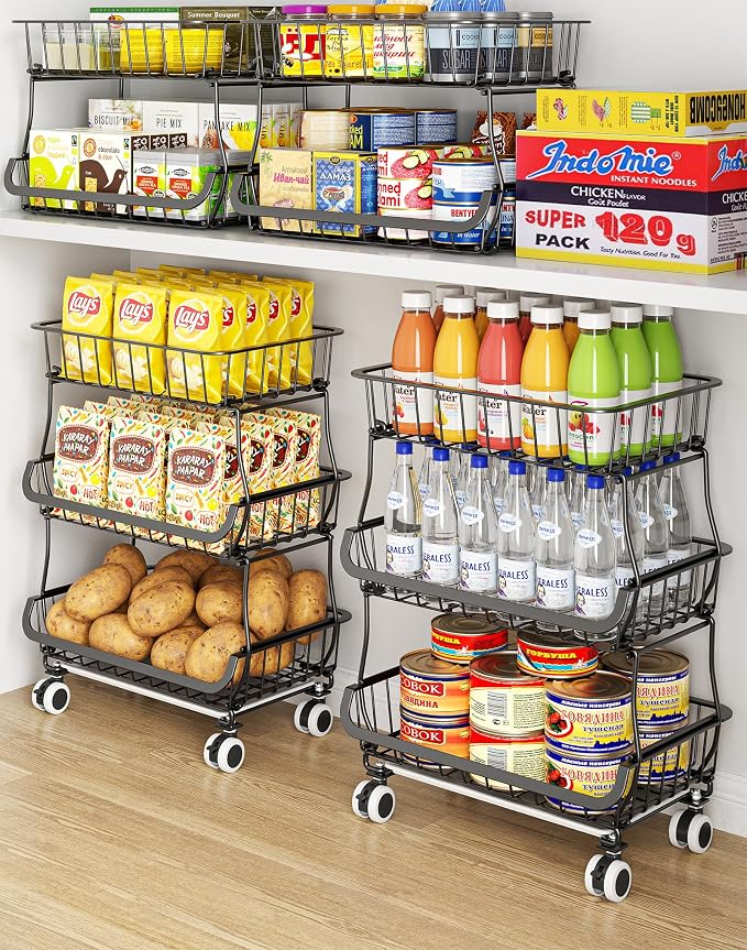 OKZEST 3-Tier Rolling Pantry Floor Organizers and Storage Cart with Wheels | Fits under pantry shelf, Stackable kitchen pantry baskets with dirt catch tray, Holds drink, snack, can, potato, onion, fruit - Image 9