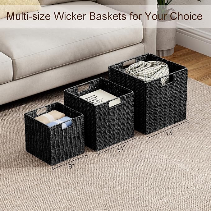 Storage Basket, Set of 2 Hand-Woven Storage Baskets for Organizing with Handles, Foldable Cube Storage Baskets Bins Organizer, 13 inch Large Wicker Baskets for Shelves & Decor, Black - Image 8