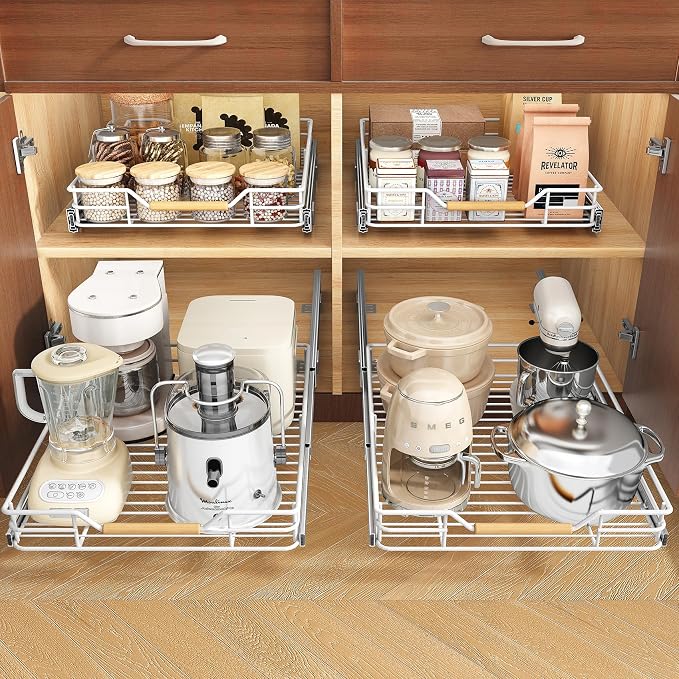 Pull out Cabinet Organizer, 12"W X 21"D, Heavy Duty Smooth Sliding Under Cabinet Shelves for Pots and Pans, Full-Extension Roll out Drawers, Slide out Organization for Home Kitchen Pantry, White - Image 2