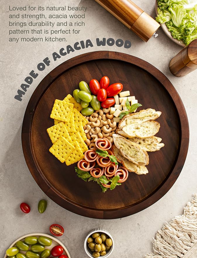 TIDITA 16" Rotating Wooden Lazy Susan Organizer for Cabinet (Walnut Color) | 360° Rotation, Solid Acacia Wood, Non-Skid Pads, Swivel Round Lazy Susans Turntable for Countertop, Decorative Tray & Board - Image 4