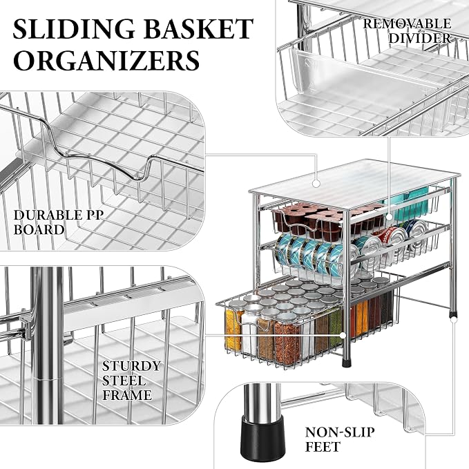 Simple Houseware Stackable 3 Tier Sliding Basket Organizer Drawer, Chrome (Pack of 2) - Image 4