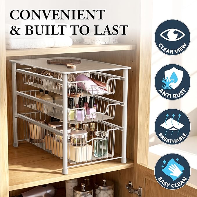 Simple Houseware Stackable 3 Tier Sliding Basket Organizer Drawer, White (Pack of 2) - Image 5