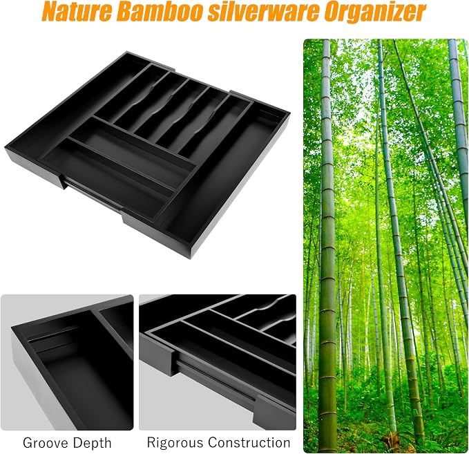 Large Premium Bamboo Silverware Organizer - Expandable Utensil Drawer Organizer - 17"x19.6" Utensil Holder and Cutlery Tray with Grooved for Kitchen Flatware and Utensils(7-9 Slot, Black) - Image 4