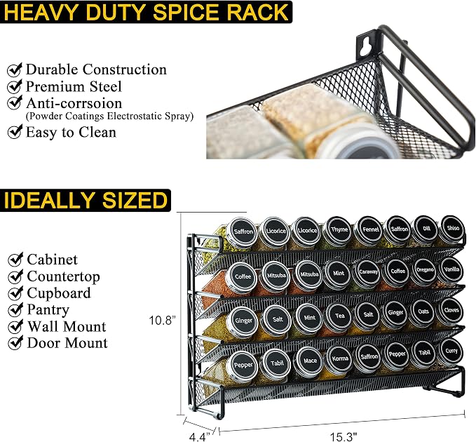 SpaceAid Spice Rack Organizer with 32 Spice Jars, 386 Spice Labels, Chalk Marker and Funnel Set for Cabinet, Countertop, Pantry, Cupboard or Door & Wall Mount - 32 Jars, 15.3" W × 10.8" H, Black - Image 4