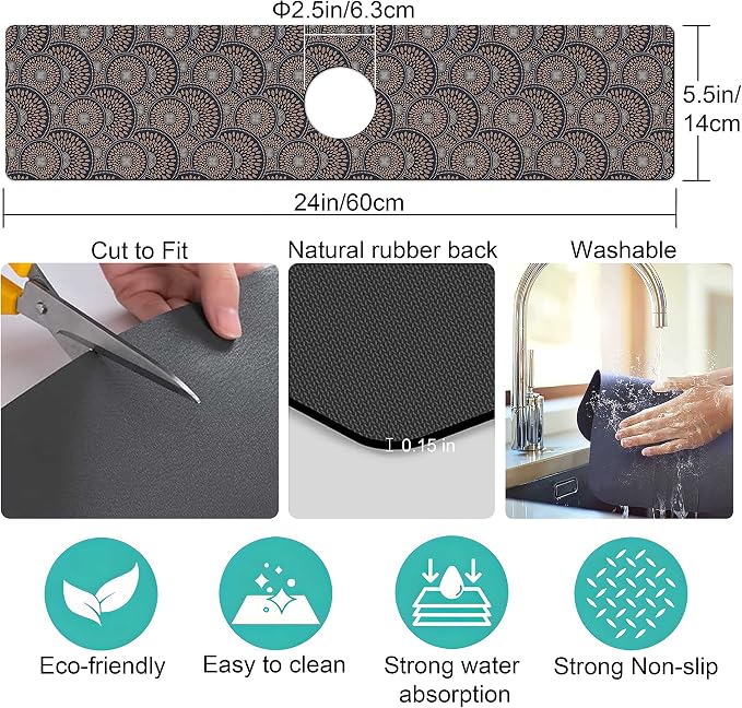 Kitchen Sink Splash Guard Faucet Mat Super Absorbent Fast Drying Mat Sink Gadgets Splash Guard Behind Faucet Drip Catcher for Kitchen (Grey, 23.5x5.5in) - Image 5
