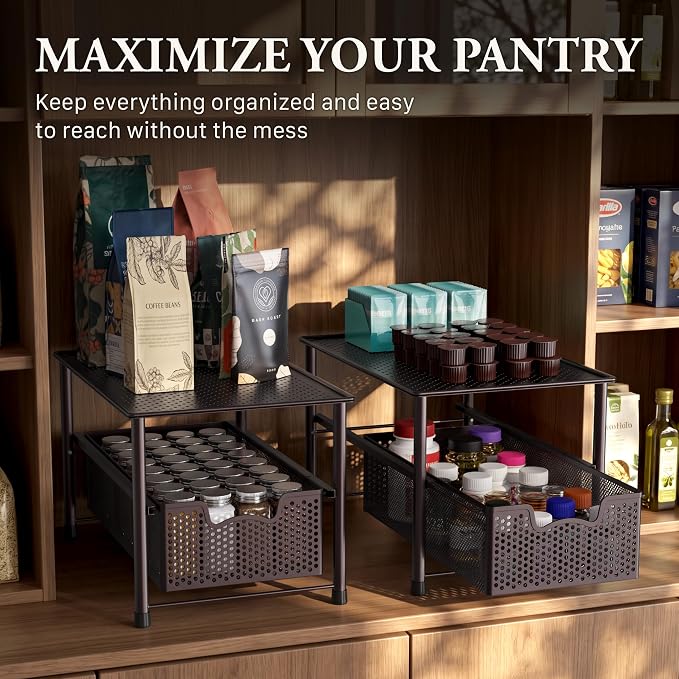 Simple Houseware Stackable Under Sink Sliding Basket Drawer, Brown | Perforated Free Standing Organizer, Kitchen/Pantry/Cabinet/Counter - Image 7
