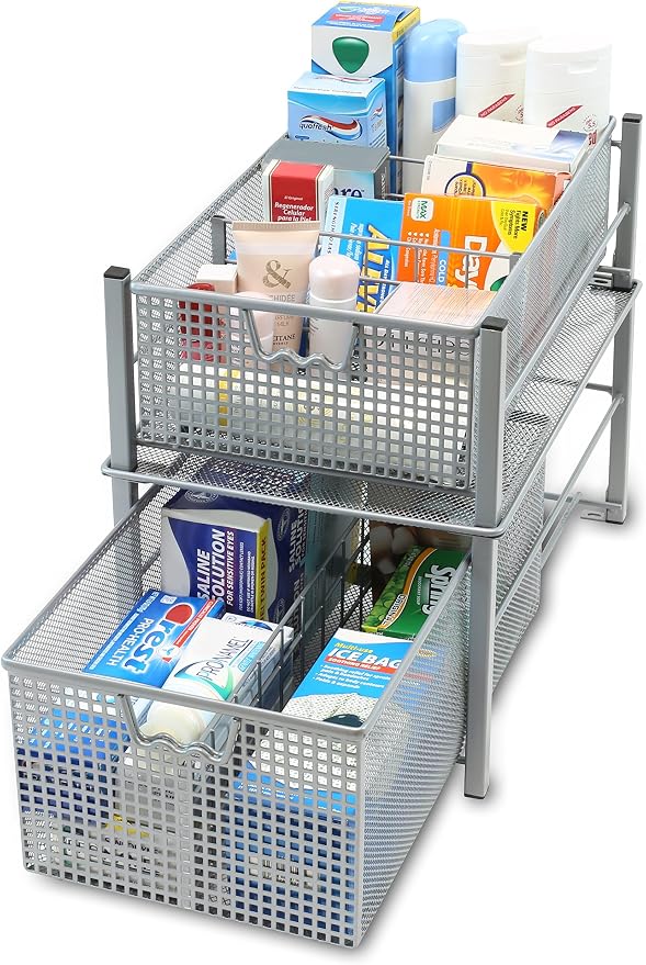 Deco Brothers Stackable Pull Out Cabinet Sliding Basket with Divider, Large | Under Sink Organizer, Silver - Image 9