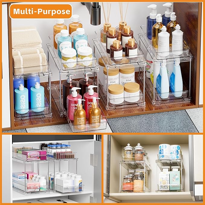 4 Pack Under Sink Organizers and Storage,Clear Acrylic Bathroom Organizer and Cabinet Organization for Makeup,Medicine,Two Tier Pull Out Cabinet Organizer Drawers for Pantry,Vanity Storage Bins - Image 2