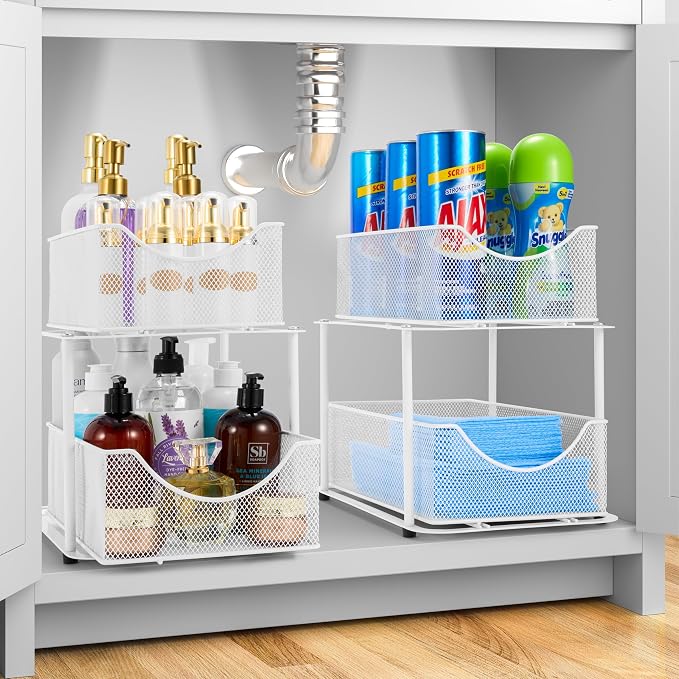 Sorbus 2 Sets of 2 Tier Metal Under Sink Organizer for Bathroom, Kitchen, Strong Steel Mesh Sliding Drawers for Under Sink, Under Cabinet, Closet, Kitchen, Pantry, Bathroom Organizers and Storage - Image 2