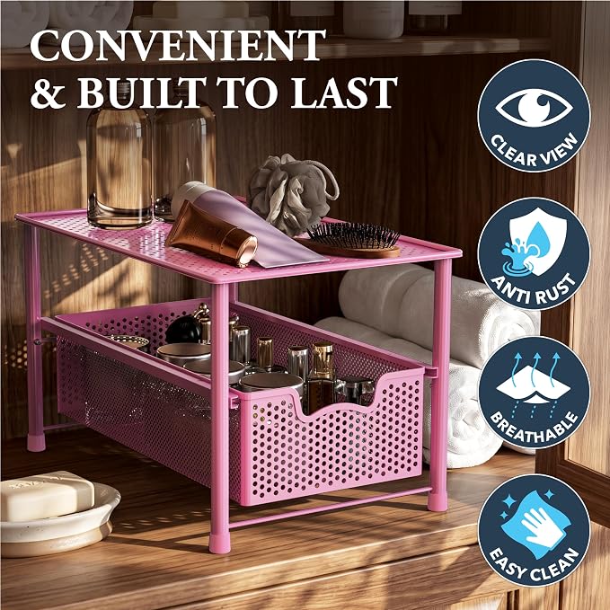 Simple Houseware Stackable Under Sink Sliding Basket Drawer, Pink | Perforated Free Standing Organizer, Kitchen/Pantry/Cabinet/Counter - Image 5