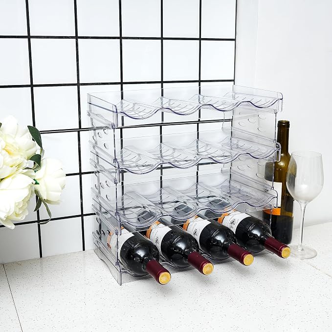 Plastic Stackable Bottle Storage Holder Rack Holds 16 Bottles,Free-Standing Water Bottle/Wine and Drink Organizer Shelf for Kitchen Cabinet,Fridge,Countertop,Pantry,Freezer,4 PackX4 Bottles,Clear - Image 5