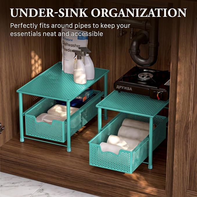 Simple Houseware Stackable Under Sink Sliding Basket Drawer, Turquoise | Perforated Free Standing Organizer, Kitchen/Pantry/Cabinet/Counter - Image 6