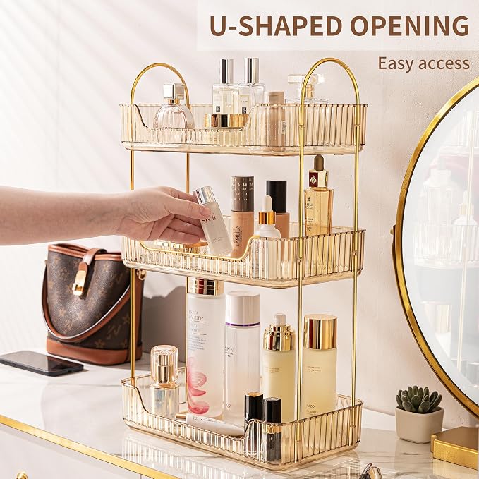Akinbas 3 Tier Bathroom Organizer Countertop Makeup Perfume Tray Skincare Organizer for Bathroom Dresser Vanity (Gold) - Image 6