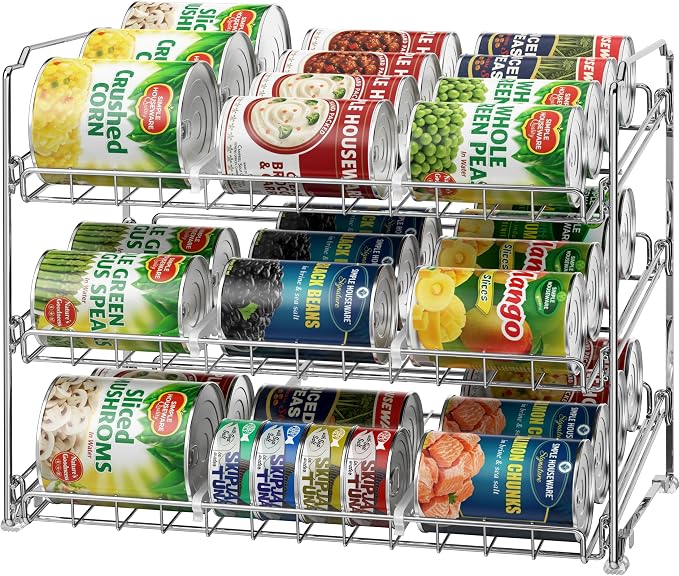 Simple Houseware 3-Tier Stackable Can Organizer Rack Hold 36 Cans, Chrome | Can Food Storage Dispenser for Pantry/Cabinet, Adjustable Dividers – 11.5" D x 17" W x 13.75" H by SimpleHouseware