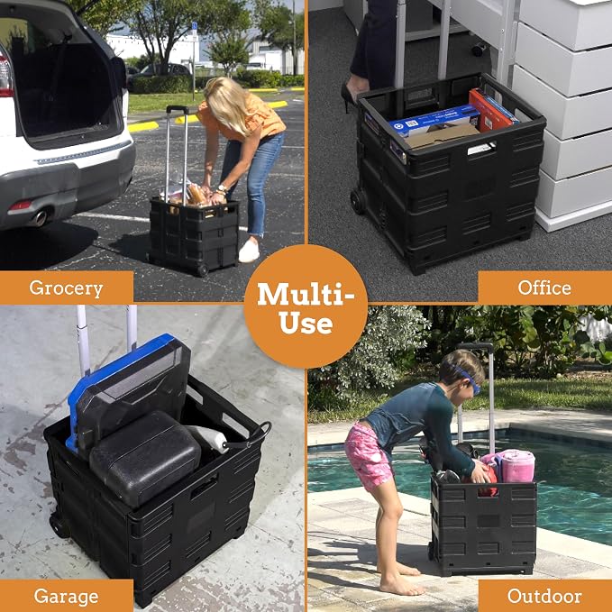 Inspired Living Ultra-Slim Rolling Collapsible Storage Pack-N-Roll Utility-carts, with Telescopic Handle, for Home, Garden, Shopping, Office, School use, Medium, Black - Image 5