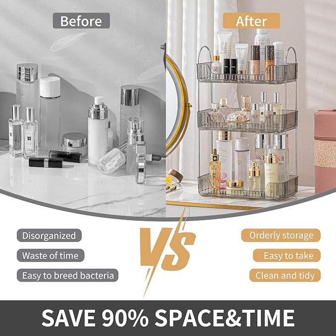 Akinbas 3 Tier Bathroom Organizer Countertop Makeup Perfume Tray Skincare Organizer for Bathroom Dresser Vanity (Grey) - Image 4