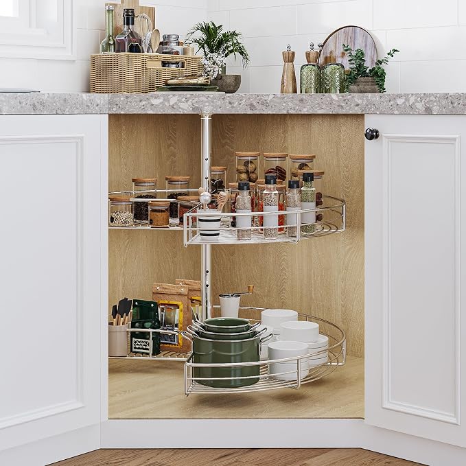 DWVO 31″ Kidney 2-Tier Lazy Susan – Telescoping Mount Corner Cabinet Organizer with Pie-Shelf Design, for Bathroom,Kitchen Cabinet Blind Corners (Chrome, 270° Adjustable) - Image 8