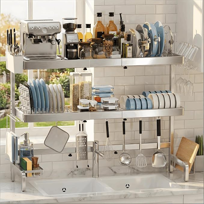 3-Tier Stainless Steel Over-the-Sink Dish Drying Rack, Expandable | Expands from 37.3 to 44.7 inches with three tiers, side hooks and holders to organize cookware, dishes and utensils. by StartYourHomeStorageLife