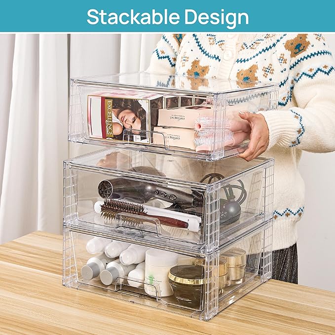 Vtopmart 3 Pack Large Clear Stackable Storage Drawers for Closet, Pantry | Easily Assemble Bathroom Closet Undersink Organizers,Plastic Bins for Cabinet,Kitchen Pantry,Medicine Organization - Image 2