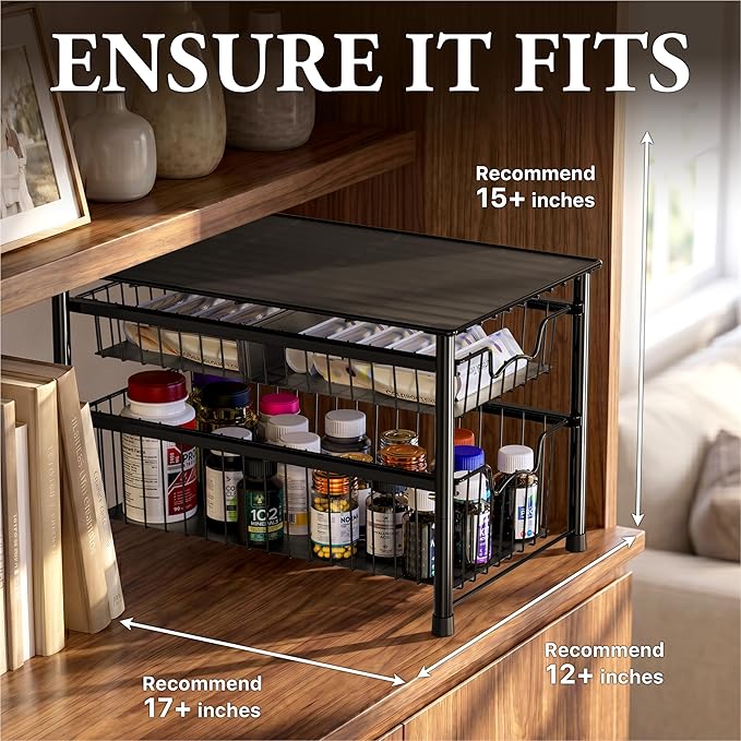 Simple Houseware Stackable Sliding Basket Organizer Drawer, Black, 2-Tier (Pack of 2) - Image 3