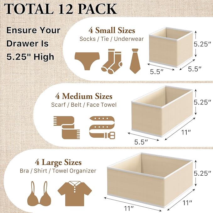 Simple Houseware Foldable Drawer Organizer Stocking Bin, Set of 12, Beige | Fabric Storage Bins for Clothes, Underwear, Bra, Panty, Socks, Onesies – Closet & Dresser Dividers for Home - Image 2