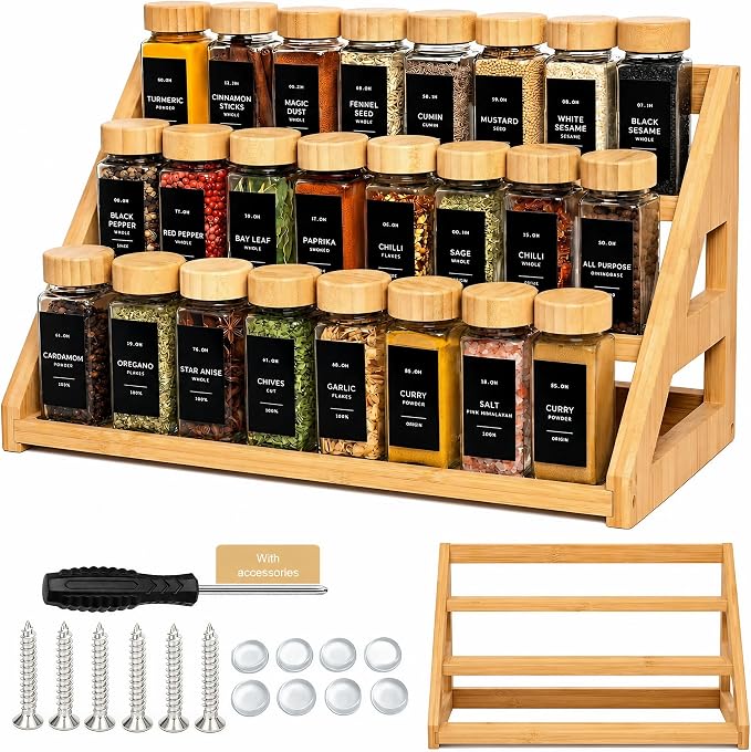 Bamboo Tier Spice Rack Organizer: 17.5 Inch Wide Kitchen Cabinet Countertop Spice Jar Organizer for Home Organization by YourSpaceYourWay-Rasydyn