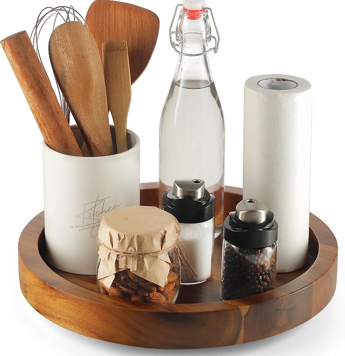 TIDITA 10" Wooden Lazy Susan Organizer for Cabinet, 360° Rotation, High Rim | Solid Acacia Wood, Non-Skid Pads, Swivel Round Lazy Susans Turntable for Countertop, Decorative Tray, Cheese Board, Multi-Use by TIDITA