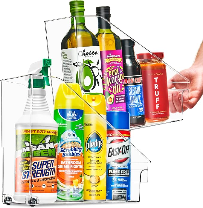 Sorbus Roll Out Bottle Organization Bins - Pantry Under Sink Organizer with Wheels & Handles, Clear Plastic Organizing Containers for Bottles & Cleaning Supplies - Kitchen Cabinet Laundry Room Storage by Sorbus
