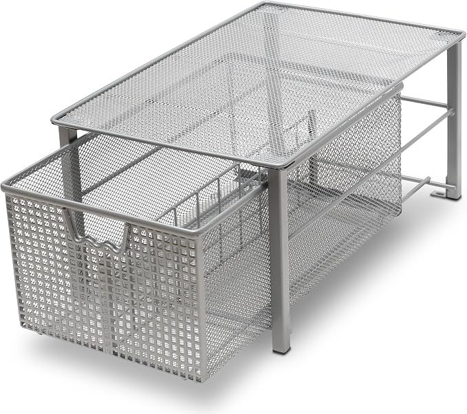 Deco Brothers Stackable Pull Out Cabinet Sliding Basket with Divider, Large | Under Sink Organizer, Silver by DecoBrothers