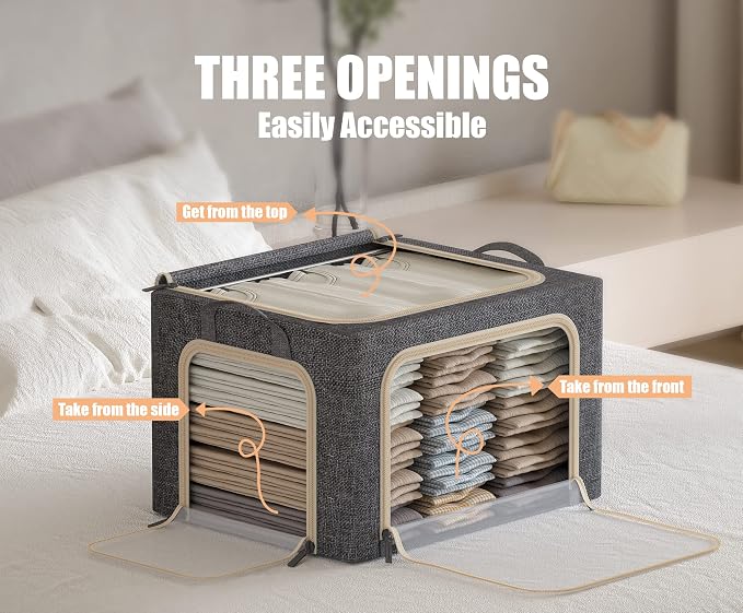 3 Openings Clothes Storage Bins with Metal Frame, Foldable Storage Bin for Clothes, Clothing Storage Bins with Lid, Linen Storage Box With Clear Window＆ Zippers＆ Durable Handles.(3 Pcs,Dark Grey,40L) - Image 3