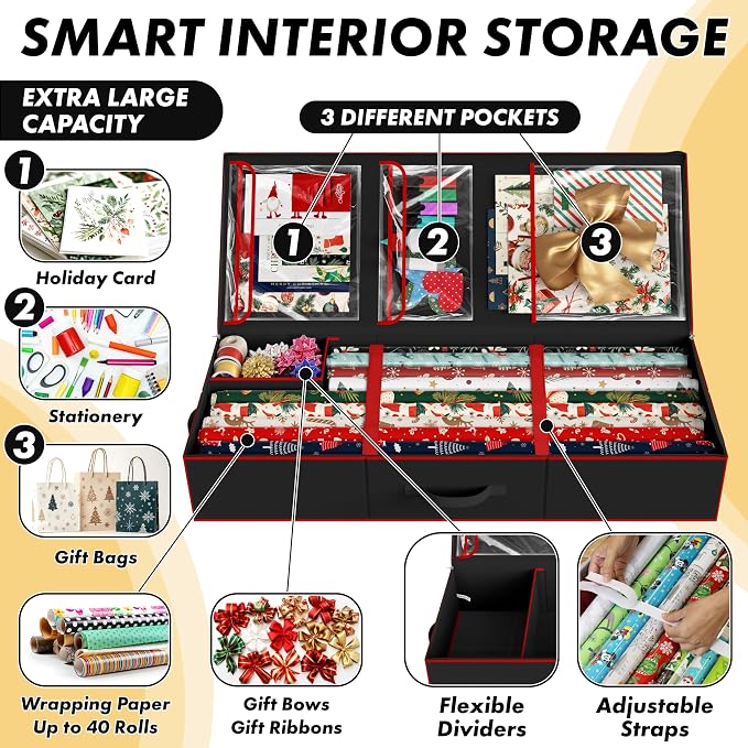 Simple Houseware 41.5" Wrapping Paper Organizer, Fits 40 Rolls, Black | Adjustable Straps, Interior Divider for Ribbons & Bows, 3 Clear Pockets for Gift Bags & Tools, 41.5"L x 16"W - Image 4
