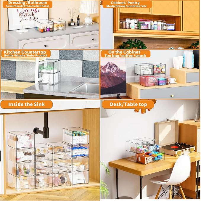 4.4" Tall Small Clear Acrylic Stackable Storage Drawers for Vanity,Under Sink,Bathroom Closet,Medicine Cabinet Organization and Plastic Storage Bins for Organizing Makeup,Baby Bottles,Pacifier,2 PCS - Image 4