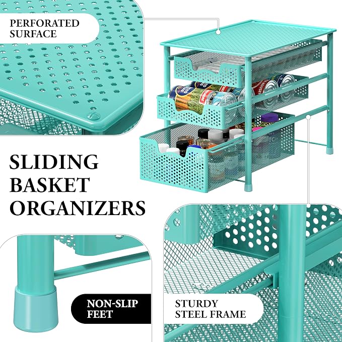 Simple Houseware Stackable 3 Tier Sliding Basket Organizer Drawer, Turquoise (Pack of 2) - Image 4