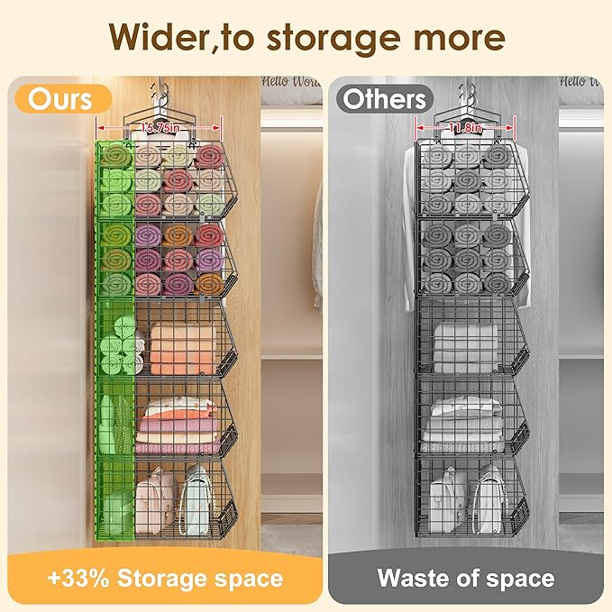 4" Extra Deeper Hanging Closet Organizers and Storage,4 Tier Foldable Wire Cabinet Shelves with 5 S Hooks,Small Metal Basket Bins for Clothes Sweaters Handbags, Wardrobe for Kitchen Laundry Room，Black - Image 5