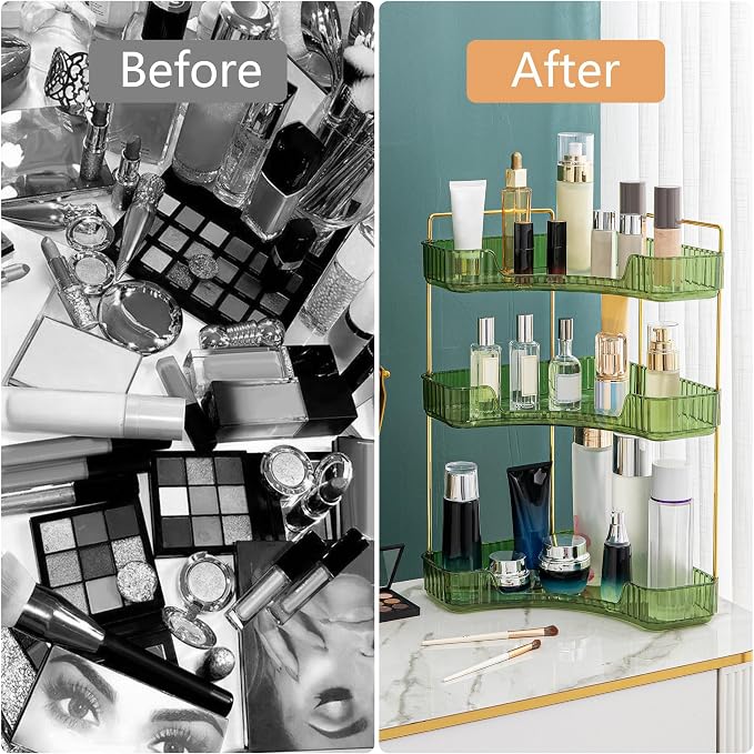 Corner Bathroom Counter Organizer Bathroom Countertop Shelf Makeup Organizer for Vanity Perfume Tray for Corner Storage (3 Tiers, Green) - Image 4