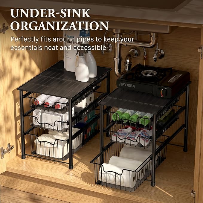 Simple Houseware Stackable 3 Tier Sliding Basket Organizer Drawer, Black (Pack of 2) - Image 6