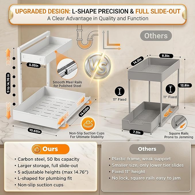 Under Sink Organizer 2 Pack, 2-Tier Metal Slide-Out, Height Adjustable | 2-pack pull-out under sink shelf, 2-tier cream white metal, adjustable height, fits U-pipes, 50lbs hold - Image 4