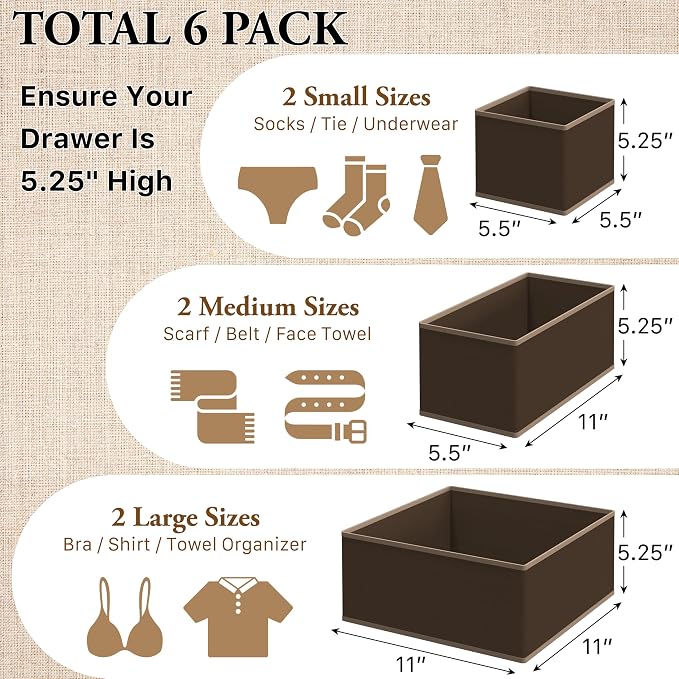 Simple Houseware Underwear Drawer Organizer, Set of 6, Brown | for Lingerie/Undergarment/Bra/Panty/Sock/Onesie - Image 2